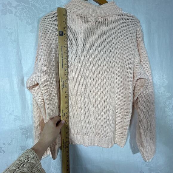 Vintage Sweater Medium Pink Gray Fair Isle Cable Knit Open Picket Poot Coquette - Picture 12 of 12